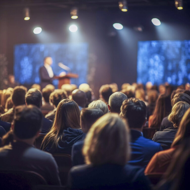 Um grande público está sentado em frente a um palco onde uma pessoa está em um pódio, falando sob luzes brilhantes, com duas telas grandes exibindo fundos azuis e apresentando o software mais recente para lotéricas atrás delas.