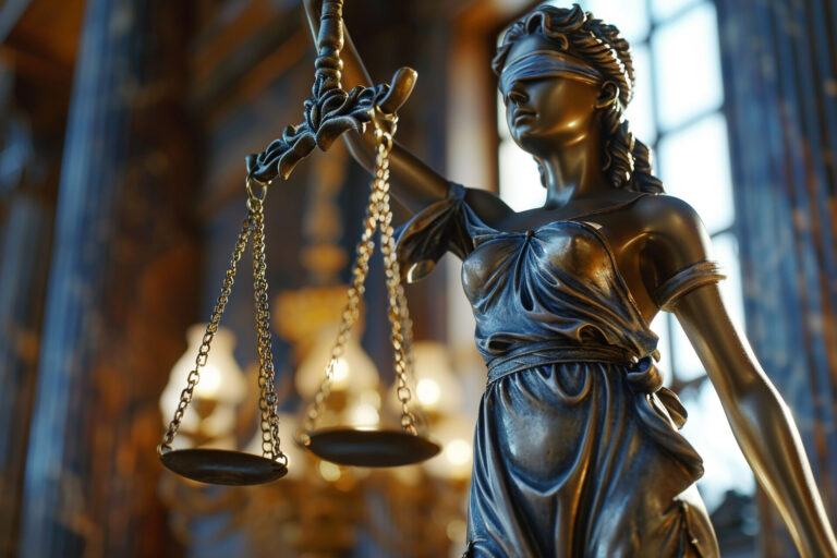 Um close-up de uma estátua de bronze da Lady Justice segurando uma balança equilibrada, com os olhos vendados, simbolizando a proibição de jogos de azar, com um fundo desfocado e ornamentado de um tribunal e luz natural suave.
