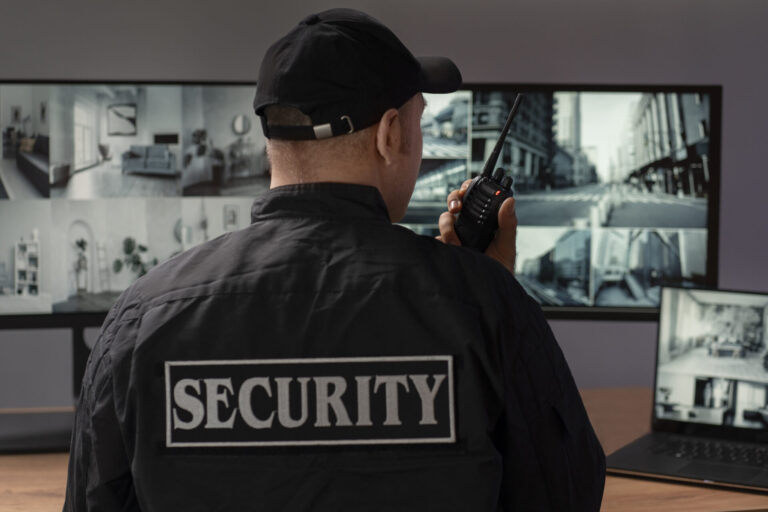 Um segurança vestindo uma jaqueta preta e um boné com a inscrição SECURITY monitora vários feeds de câmeras de vigilância em telas grandes, discutindo o veto do sindiloterias derruba sobre vigilância em lotéricas em seu walkie-talkie em uma mesa com um laptop.