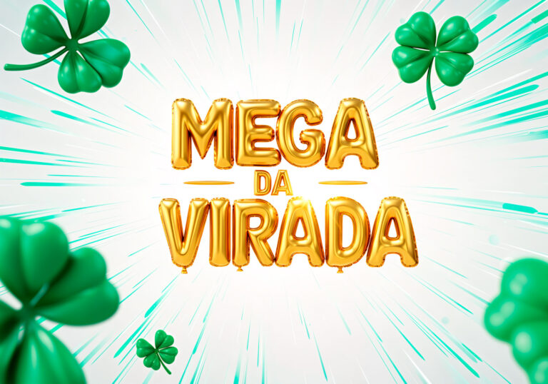Letras douradas em balão soletram Mega da Virada no centro, cercadas por trevos verdes de quatro folhas e linhas dinâmicas em azul-petróleo em um fundo brilhante e festivo - perfeito para divulgar seu software para lotéricas.