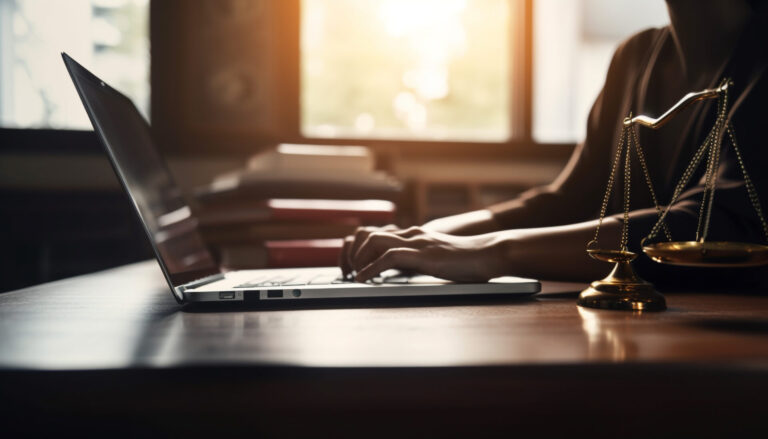 Uma pessoa digita em um laptop em uma mesa de madeira com balanças jurídicas ao seu lado, com a luz do sol passando por uma janela ao fundo, sugerindo uma reforma trabalhista empregada ou um ambiente jurídico profissional.