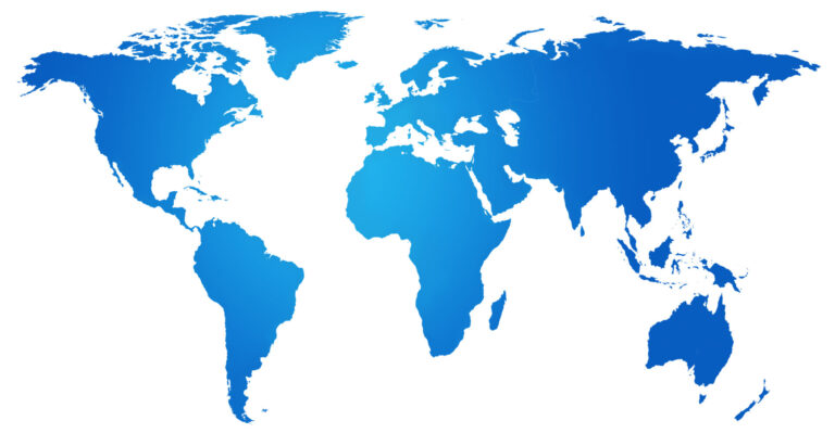 Uma silhueta em gradiente azul de um mapa-múndi mostrando todos os continentes em um fundo branco. Os contornos destacam sutilmente as regiões onde estão localizados os 10 países que mais apostam em loterias, sem fronteiras ou rótulos de países.