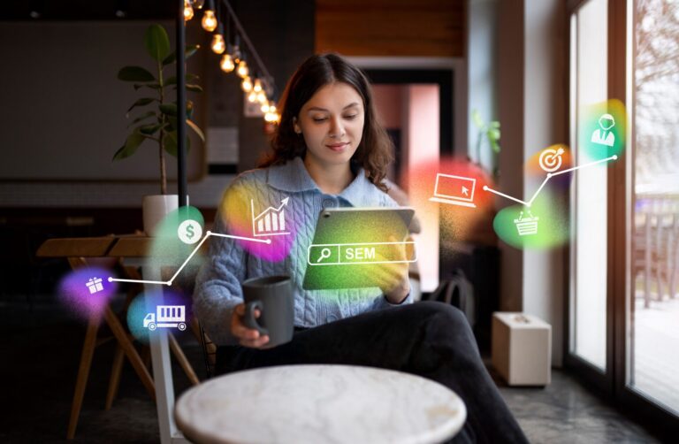 Uma mulher senta-se à mesa em um café moderno, segurando um tablet e uma caneca. Ícones e gráficos coloridos de marketing digital destacam como contratar campanhas de marketing pode ser útil para SEM, análises, metas, compras e entrega eficazes.
