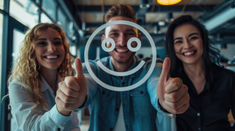 Três pessoas sorridentes estão juntas em um ambiente interno, fazendo sinal de positivo por trás de um painel transparente com um grande rosto sorridente desenhado nele, capturando o espírito positivo de uma jornada para fidelizar clientes e inspirar multiplicadores.