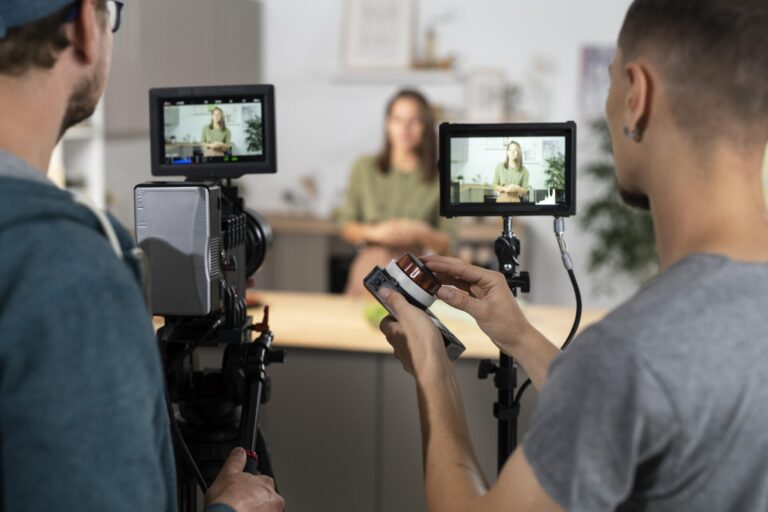 Duas pessoas filmam uma mulher sentada em uma mesa usando câmeras e monitores profissionais, ajustando o equipamento em primeiro plano. Essa configuração é ideal para criar vídeos nuggets para marketing lotérico, com foco na captura de conteúdo de qualidade.