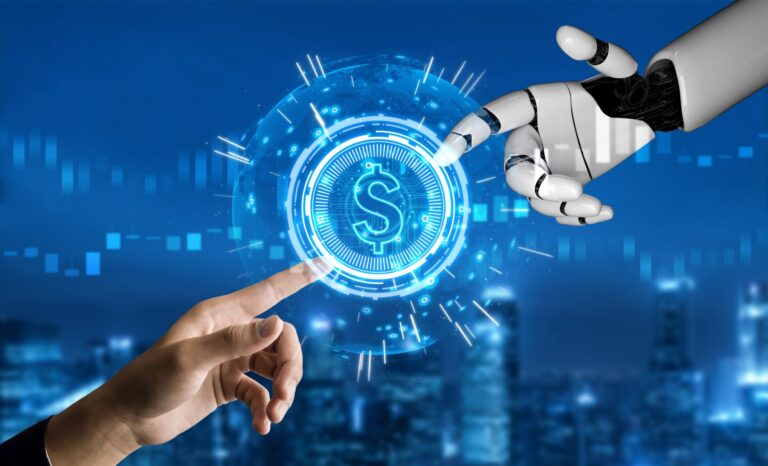 Uma mão humana e uma mão robótica alcançam um símbolo digital brilhante de um dólar, simbolizando a interseção de tecnologia, inteligência artificial e investimento financeiro, em uma paisagem urbana com gráficos de dados dinâmicos ao fundo.