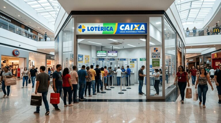 As pessoas ficam em uma longa fila do lado de fora de uma loja de loteria da Caixa Econômica Federal dentro de um shopping center movimentado, onde lojas e compradores se movimentam nas proximidades - todos esperando para tentar a sorte, auxiliados por um eficiente sistema para lotéricas.